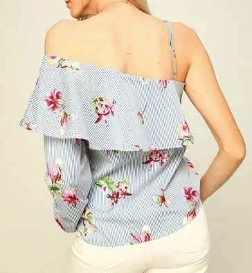 One Shoulder Floral Top with Stripes