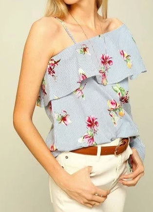 One Shoulder Floral Top with Stripes